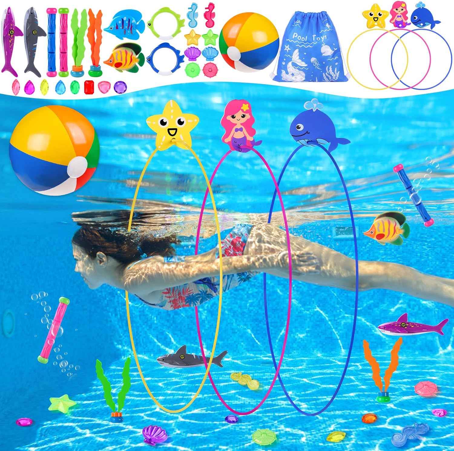 YUJUN Pool Diving Swimming Toys, Summer Underwater Game Toys with Pool Fishes Dive Sticks Rings Gems Storage Bag for Kids Swim Birthday Party Favors