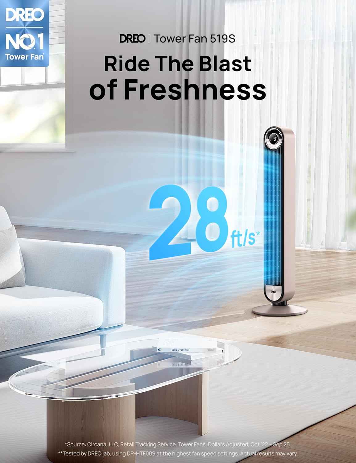 DREO Tower Fan for Bedroom, 90° Oscillating Standing Fan with 28ft/s Velocity, 20dB Quiet for Sleep, DC Motor, 9 Speeds, 4 Modes, 12H Timer, Voice & APP & Remote Control, Starlight
