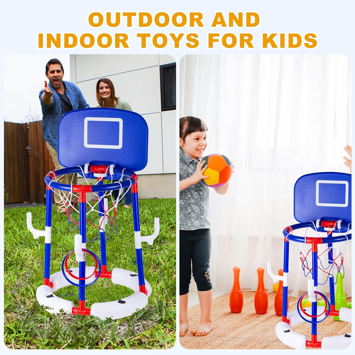2-in-1 Poor Toy Basketball & Ring Toss Game with 4 Balls, 6 Rings&Pump, Summer Pool Toys Outdoor Water Fun Family Party for Age 3-12