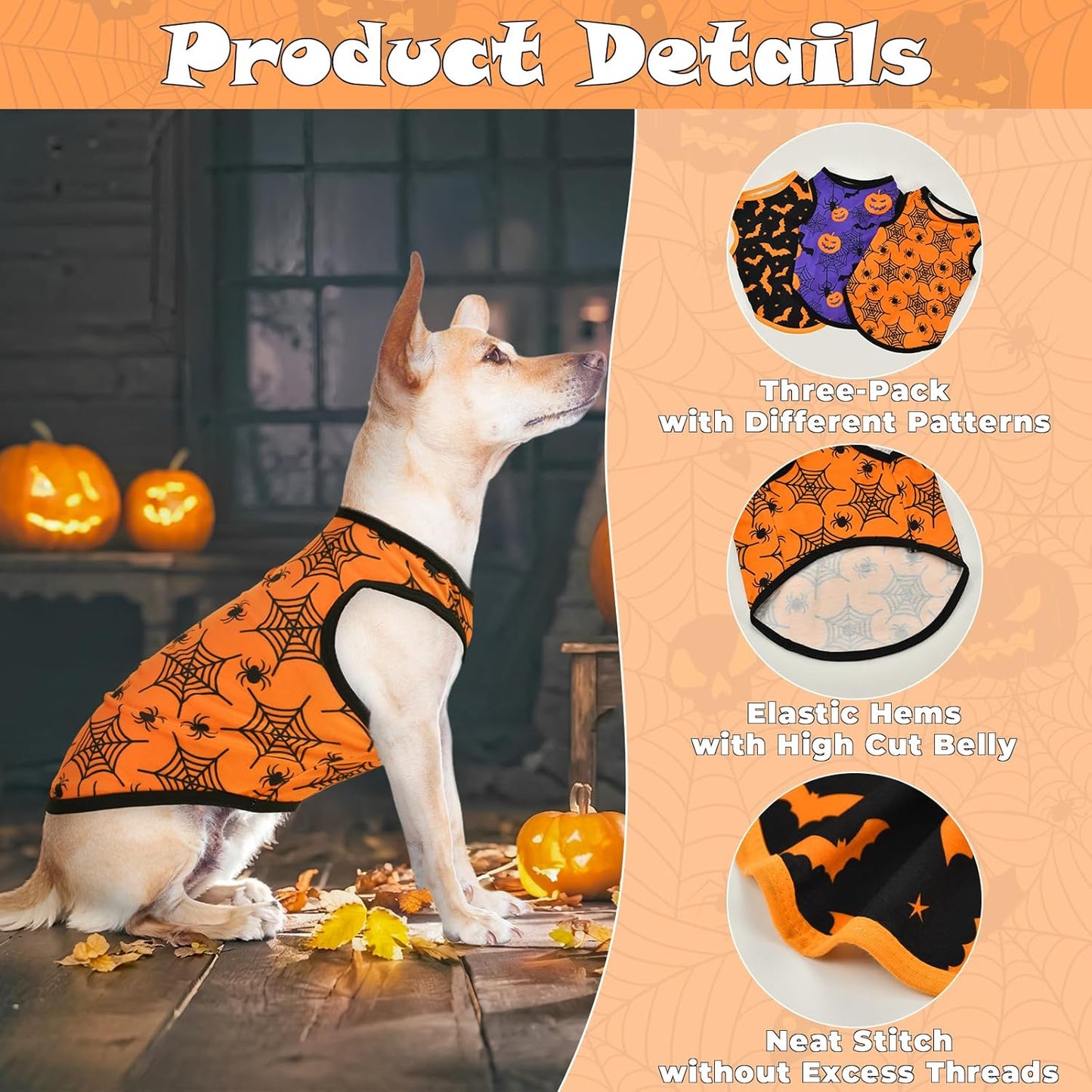 3-Pack Halloween Dog Shirts - Pumpkin, Bat & Spider Patterns