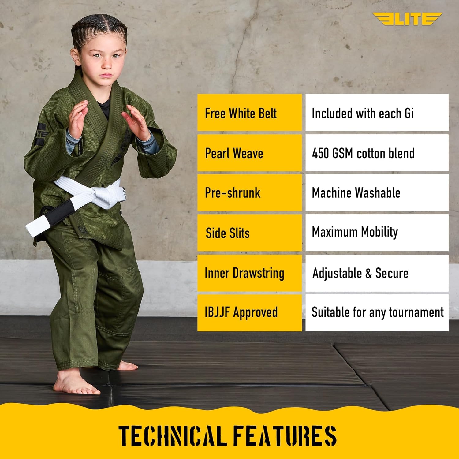 Elite Sports IBJJF Ultra Light BJJ Brazilian Jiu Jitsu Gi for Kids with Preshrunk Fabric and Free Belt