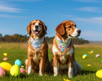 Two dogs wearing bandanas sitting on grass with colorful Easter eggs.