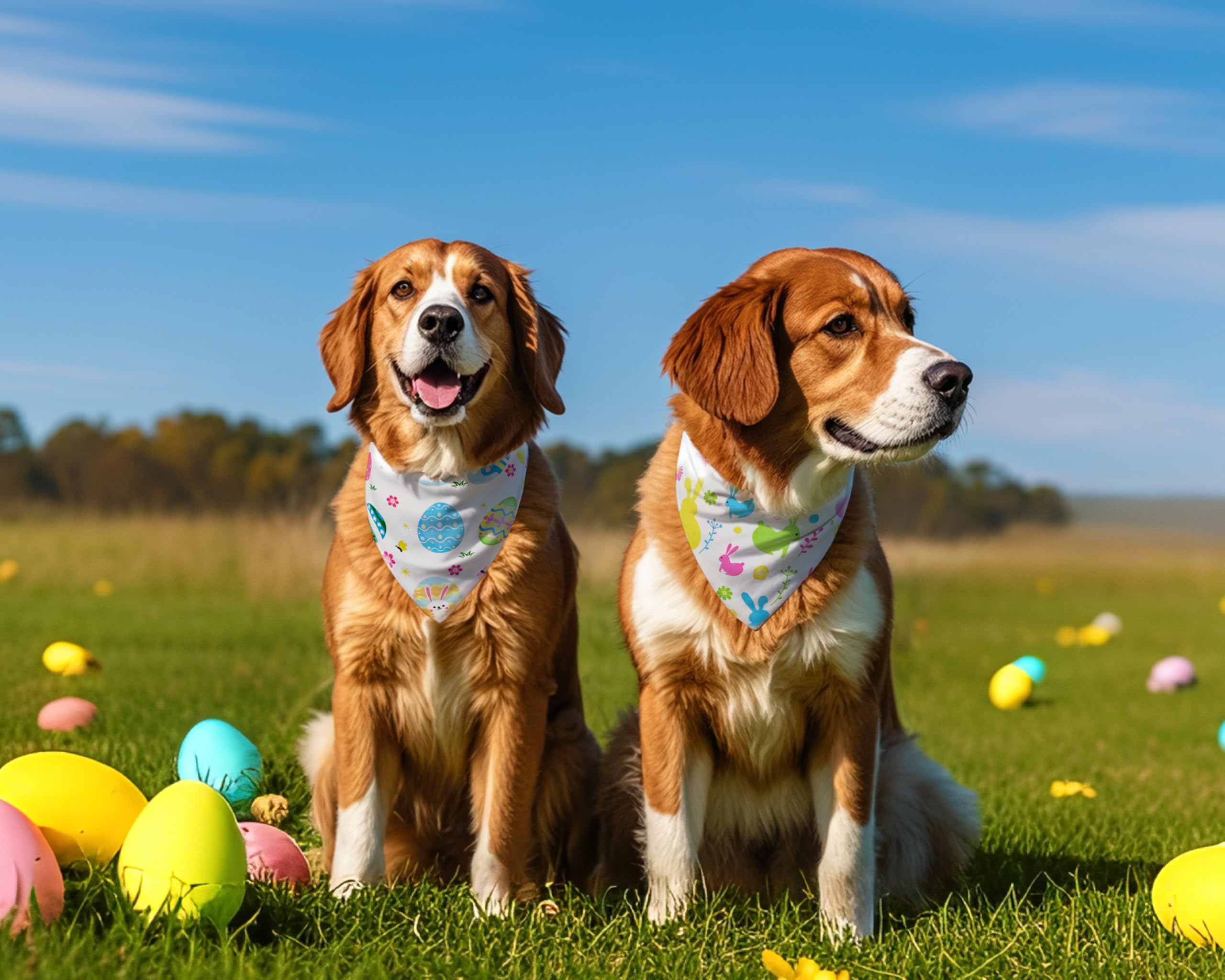 Two dogs wearing bandanas sitting on grass with colorful Easter eggs.