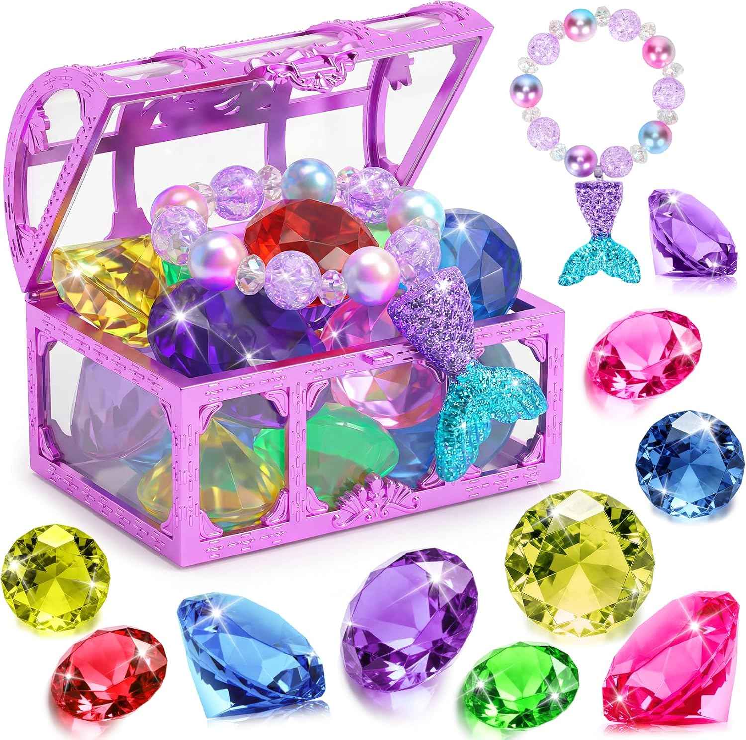 VGOFUN Diving Gems Pool Toys,10 Pcs Colorful Diamond with Treasure Chest Pirate Box Kids Swim Toys Acrylic Underwater Gemstone for Boys Girls Bath Toys Swimming Training Gift Water Pool Games
