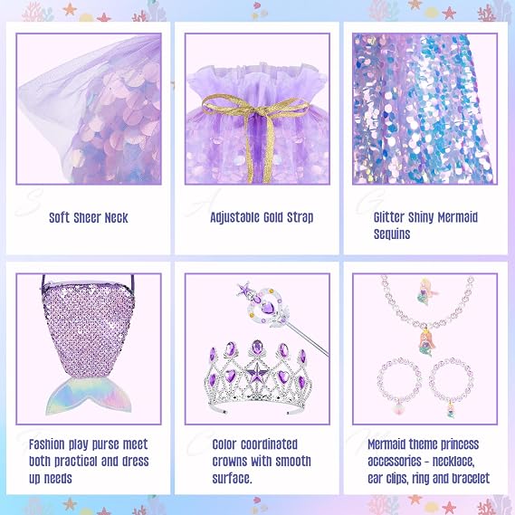 Meland Princess Dress Up for Girls 3-8, Mermaid Cape with Crown, Dress Up Clothes Birthday Gift Toys for Girls Toddlers