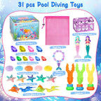 VGOFUN Diving Gems Pool Toys,10 Pcs Colorful Diamond with Treasure Chest Pirate Box Kids Swim Toys Acrylic Underwater Gemstone for Boys Girls Bath Toys Swimming Training Gift Water Pool Games