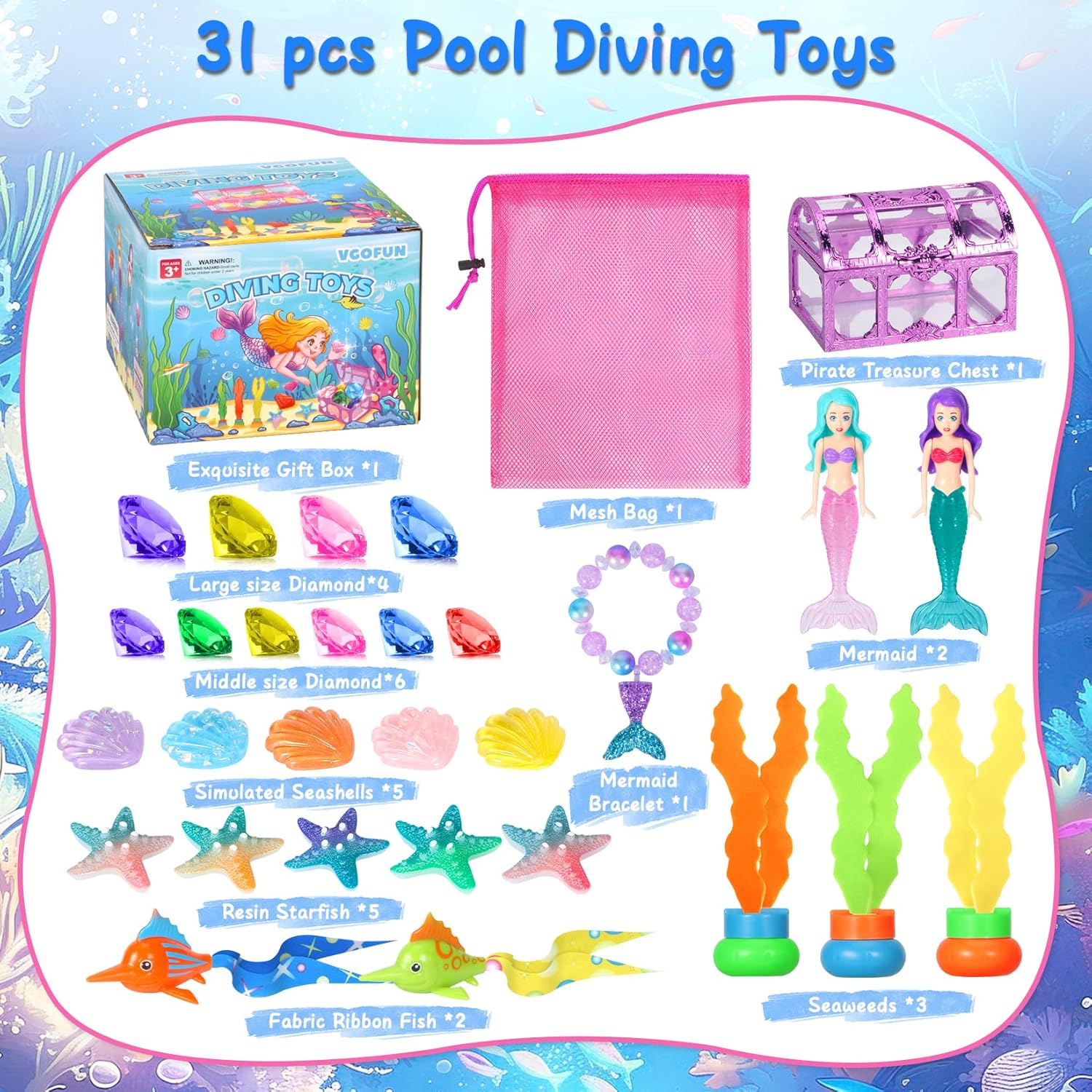 VGOFUN Diving Gems Pool Toys,10 Pcs Colorful Diamond with Treasure Chest Pirate Box Kids Swim Toys Acrylic Underwater Gemstone for Boys Girls Bath Toys Swimming Training Gift Water Pool Games
