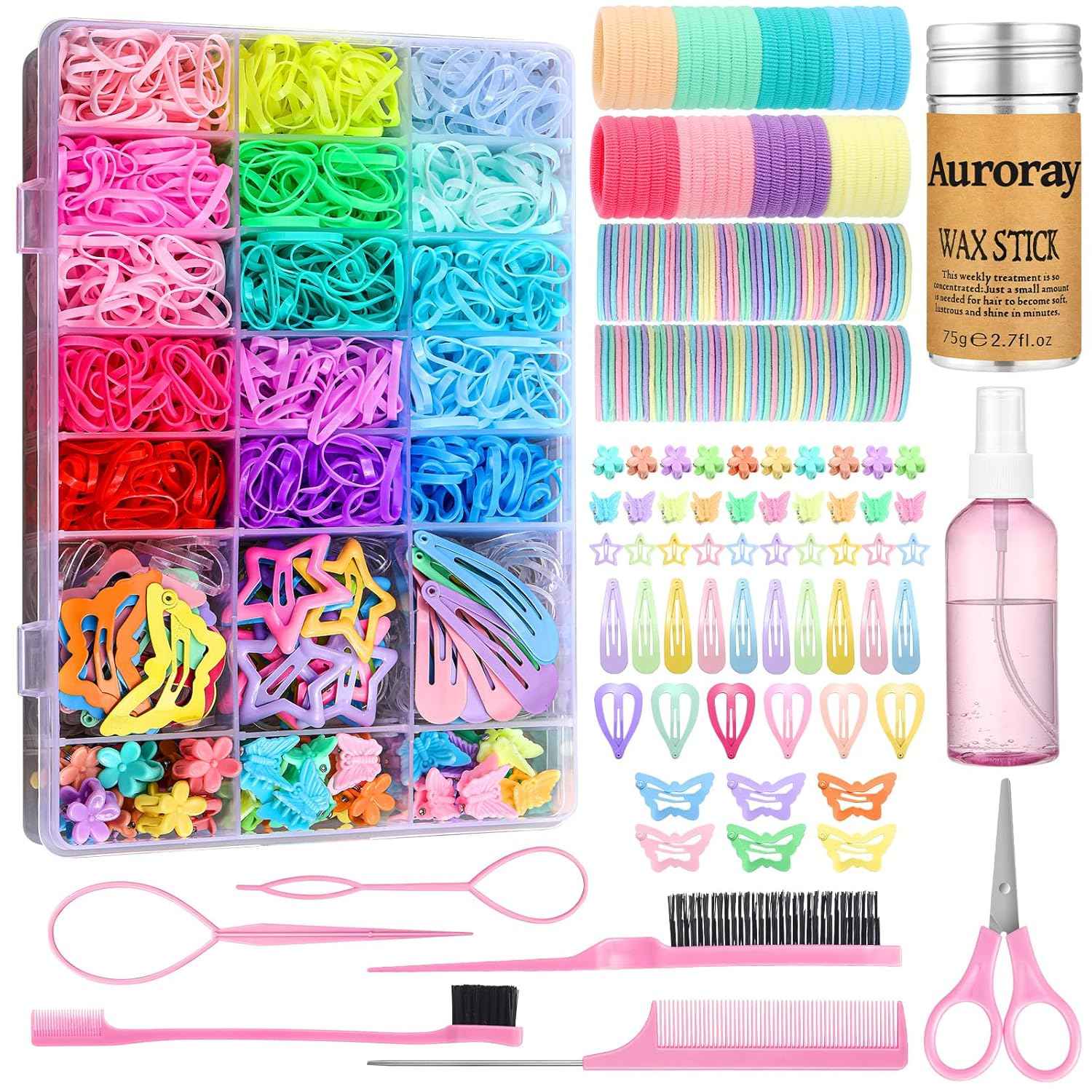 Hair Accessories for Girls, 1700 Pcs Colorful Hair Rubber Bands Elastic Hair Ties Hair Clips Hair Wax Stick Spray Bottle Hair Styling Tools with Organizer Box