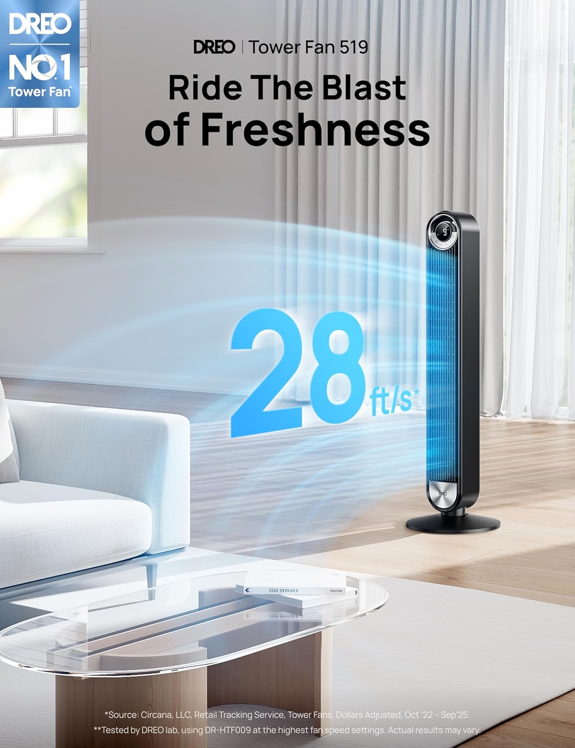 DREO Tower Fan for Bedroom, 90° Oscillating Standing Fan with 28ft/s Velocity, 20dB Quiet for Sleep, DC Motor, 9 Speeds, 4 Modes, 12H Timer, Voice & APP & Remote Control, Starlight