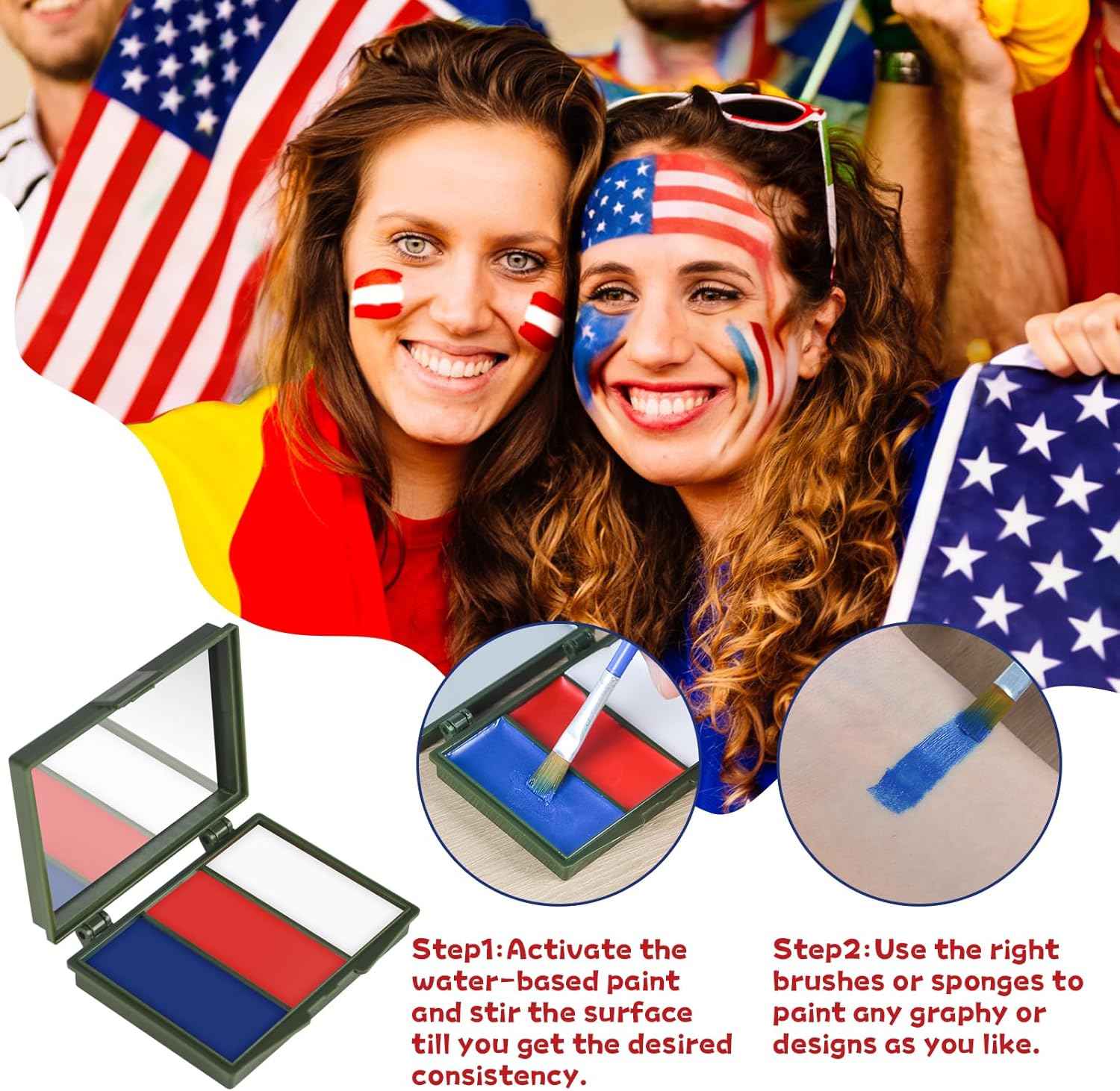 Green Blue White Red Face Painting Kit, 3PCS Patriotic America Mexico Flag 3 Colors Painting with 4PCS Brushes, Soccer Flag Eye Face Body Paint for Sports National Events Soccer Game Makeup Supplies