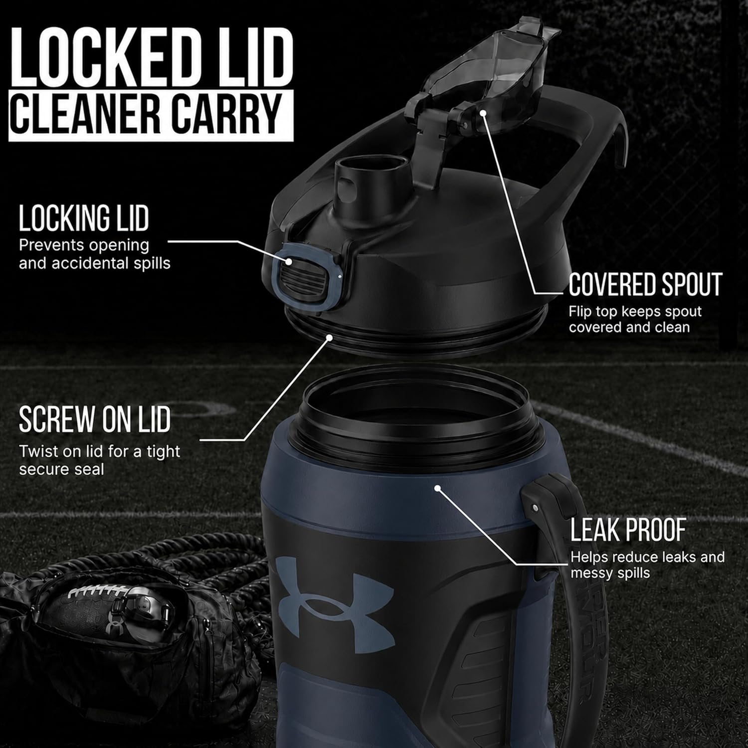 Insulated Water Bottle with Handle & Fence Hook, Half Gallon Sports Water Jug, Leak-Resistant & BPA-Free for Baseball, Football & Gym