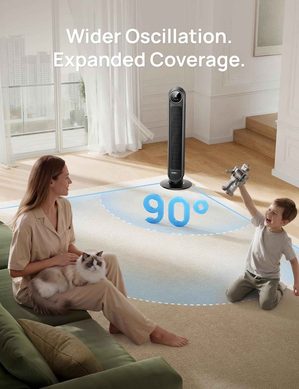 DREO Tower Fan for Bedroom, 2026 Upgraded DC Motor, 28ft/s High Velocity, 20dB Ultra Quiet Standing Fan, 8 Speeds 4 Modes, 90° Oscillating Bladeless Fan for Indoors, Floor Fans with Remote