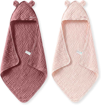 Momcozy Baby Towels, 6-Layer 100% Cotton Muslin Hooded Baby Towel Set for Newborn, Infant & Toddler, Soft Absorbent Baby Bath Essentials, Large 32 x 32 Inch