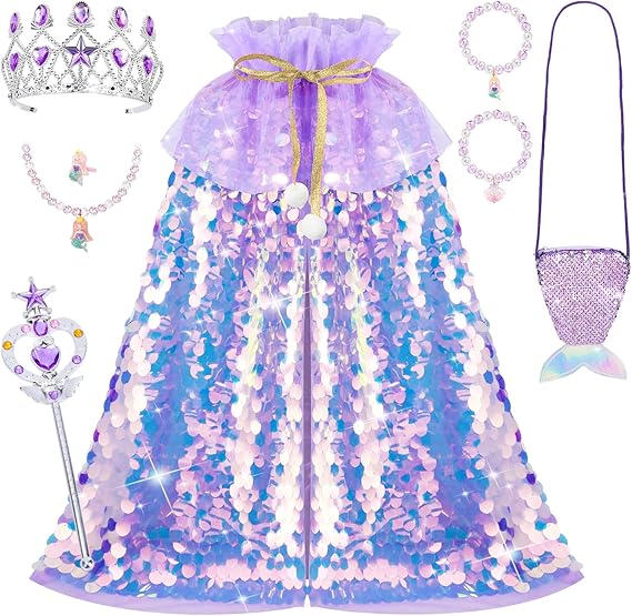 Meland Princess Dress Up for Girls 3-8, Mermaid Cape with Crown, Dress Up Clothes Birthday Gift Toys for Girls Toddlers