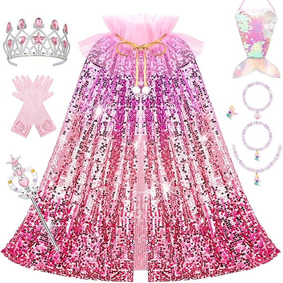Meland Princess Dress Up for Girls 3-8, Mermaid Cape with Crown, Dress Up Clothes Birthday Gift Toys for Girls Toddlers