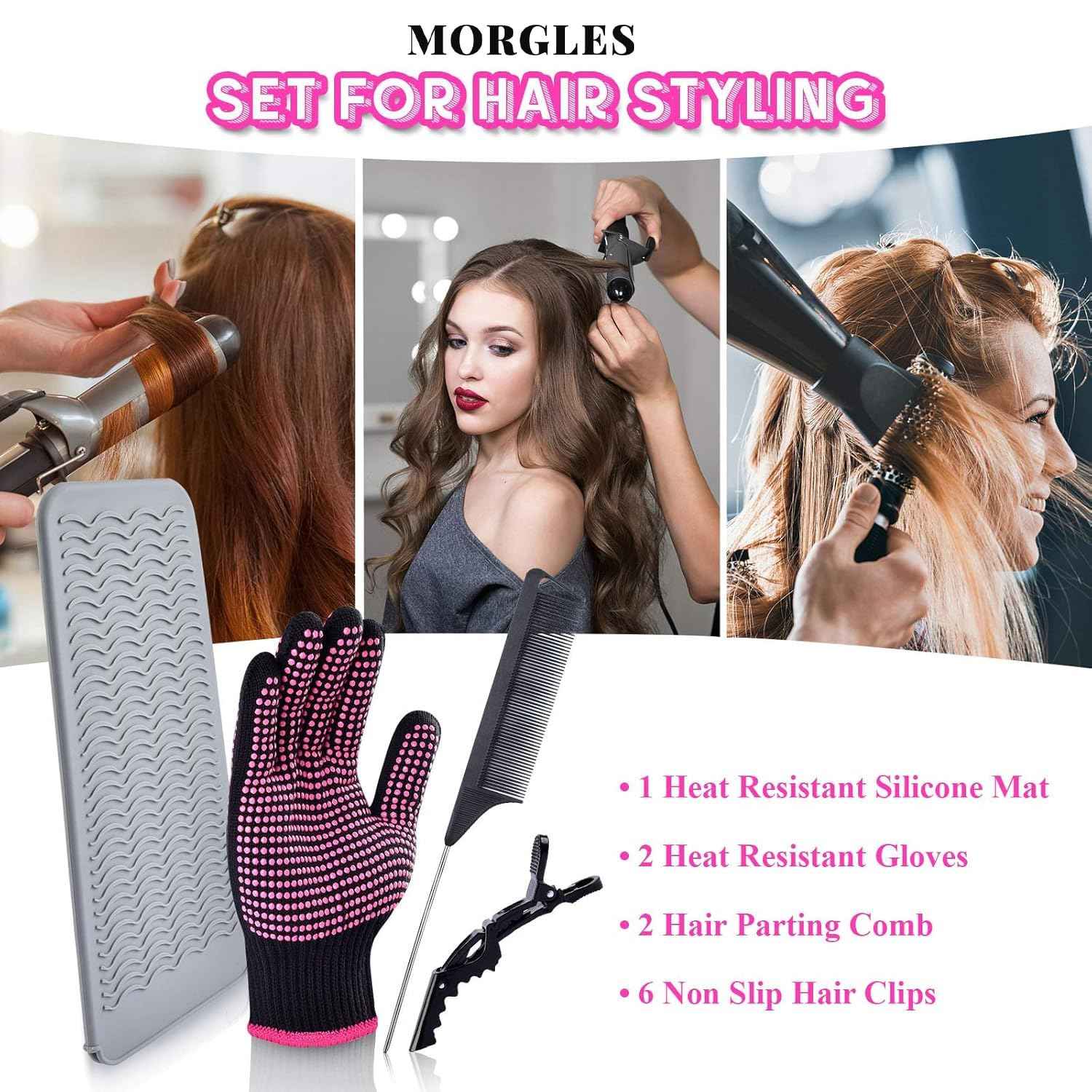 MORGLES Heat Resistant Gloves, 2 Pcs Professional Heat Gloves for Hair Styling Silicone Hot Mat 6 Pcs Hair Clips and 2 Pcs Styling Comb for Curling Iron Wands Flat Iron
