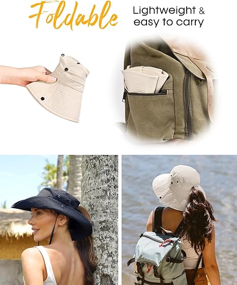 Sun Hats for Women Ponytail Wide Brim Summer Packable Cowboy Hat | 100% Nylon, Convertible Cowboy Style, Foldable & Packable, Adjustable Drawstring, Ideal for Hiking, Gardening, Beach Boating