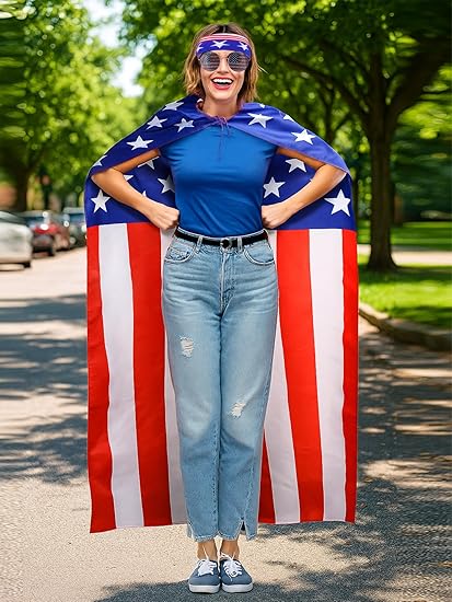 Frienda American Flag Costume Cape, 4th of July 250th Retro 80's USA Sunglasses and Flag Headband for 250th Anniversary