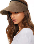 Womens Sun Visor Hat Straw Sun Visors for Women Summer Packable Ponytail Beach Hats for Women Travel UPF 80+