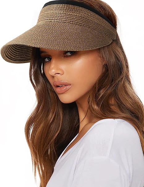 Womens Sun Visor Hat Straw Sun Visors for Women Summer Packable Ponytail Beach Hats for Women Travel UPF 80+