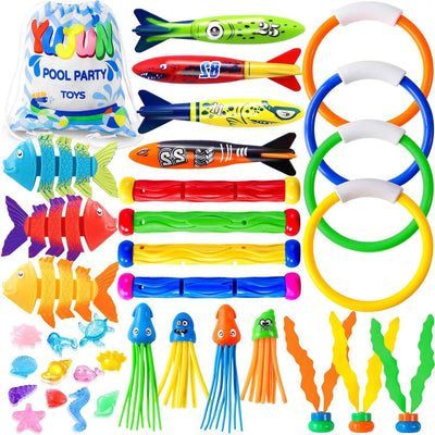 YUJUN Pool Diving Swimming Toys, Summer Underwater Game Toys with Pool Fishes Dive Sticks Rings Gems Storage Bag for Kids Swim Birthday Party Favors