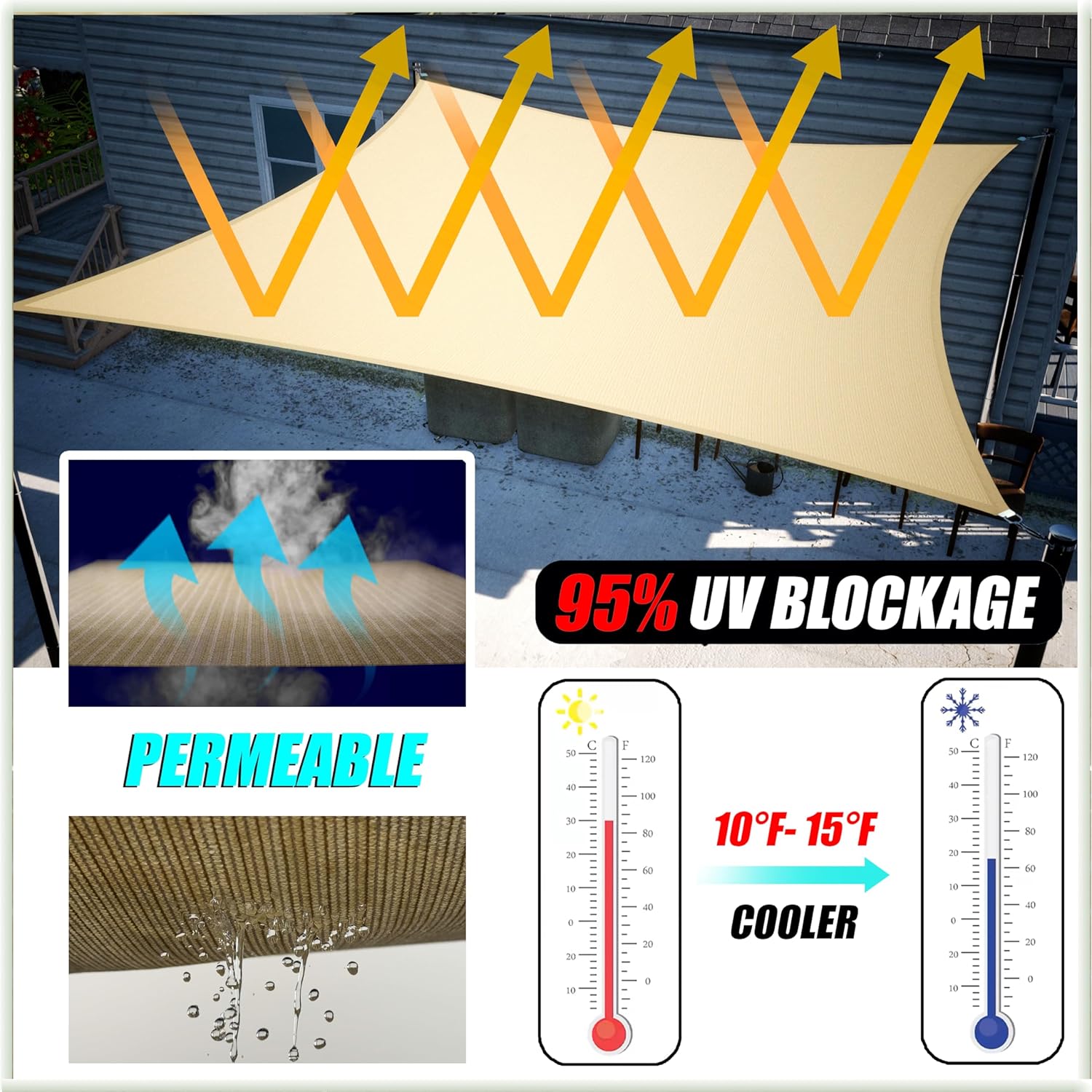 Amgo 16' x 16' x 22.6' Beige Right Triangle Sun Shade Sail UPF50+ Canopy Awning AGSLT, 95% UV Blockage, Water & Air Permeable, 200GSM Heavy Duty Commercial and Residential