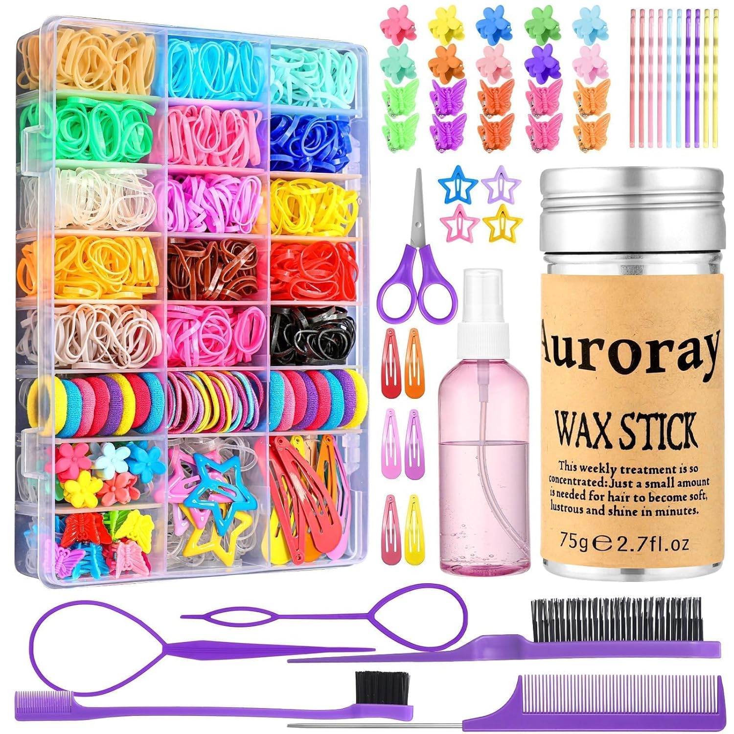 Hair Accessories for Girls, 1700 Pcs Colorful Hair Rubber Bands Elastic Hair Ties Hair Clips Hair Wax Stick Spray Bottle Hair Styling Tools with Organizer Box