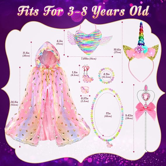 Fedio Princess Dress up for Girls,Unicorn Light up Princess Cape Set,Light up Princess Dress with Unicorn Toys for Girls 3-8