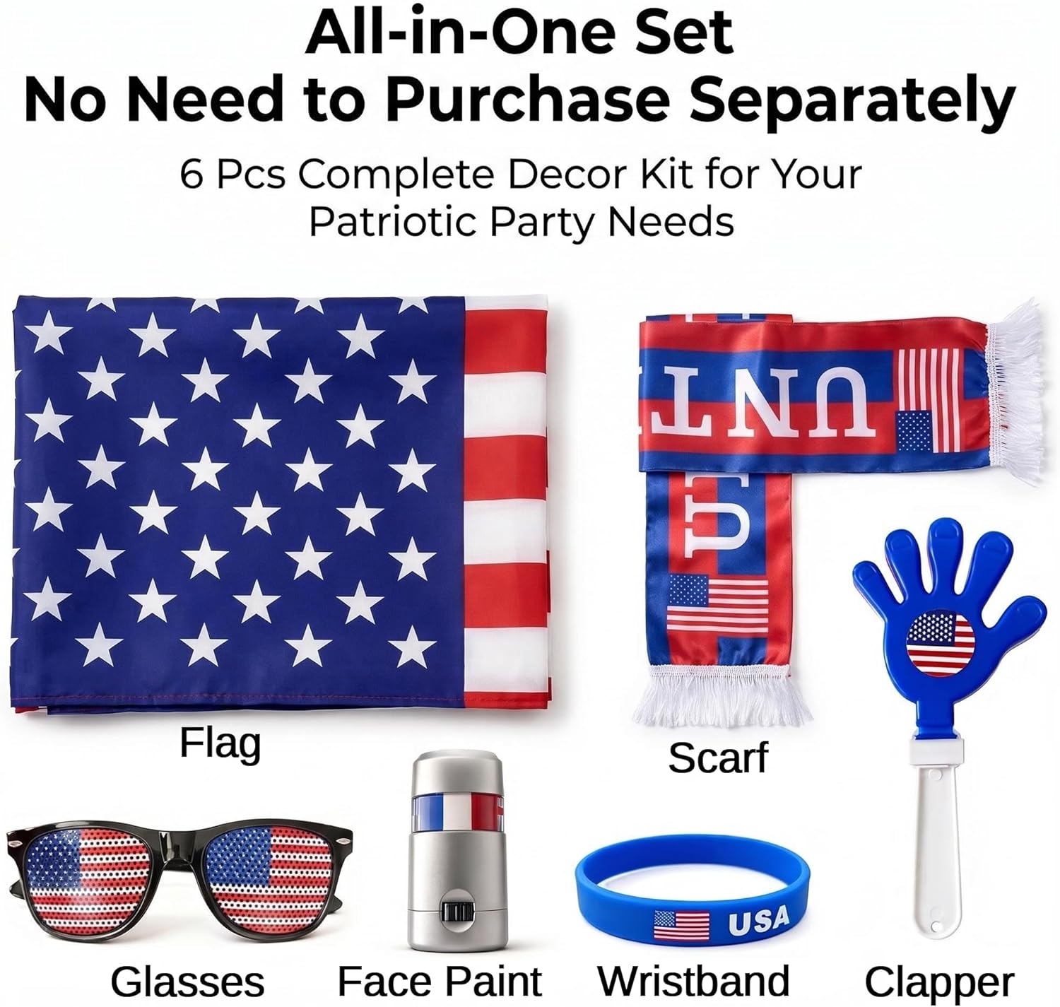 6 Pcs Cheering Set for Game Day Watch Party – Flag, Fan Scarf, Wristband, Flag Glasses, Hand Clapper, Blendable Face Paint Sticks