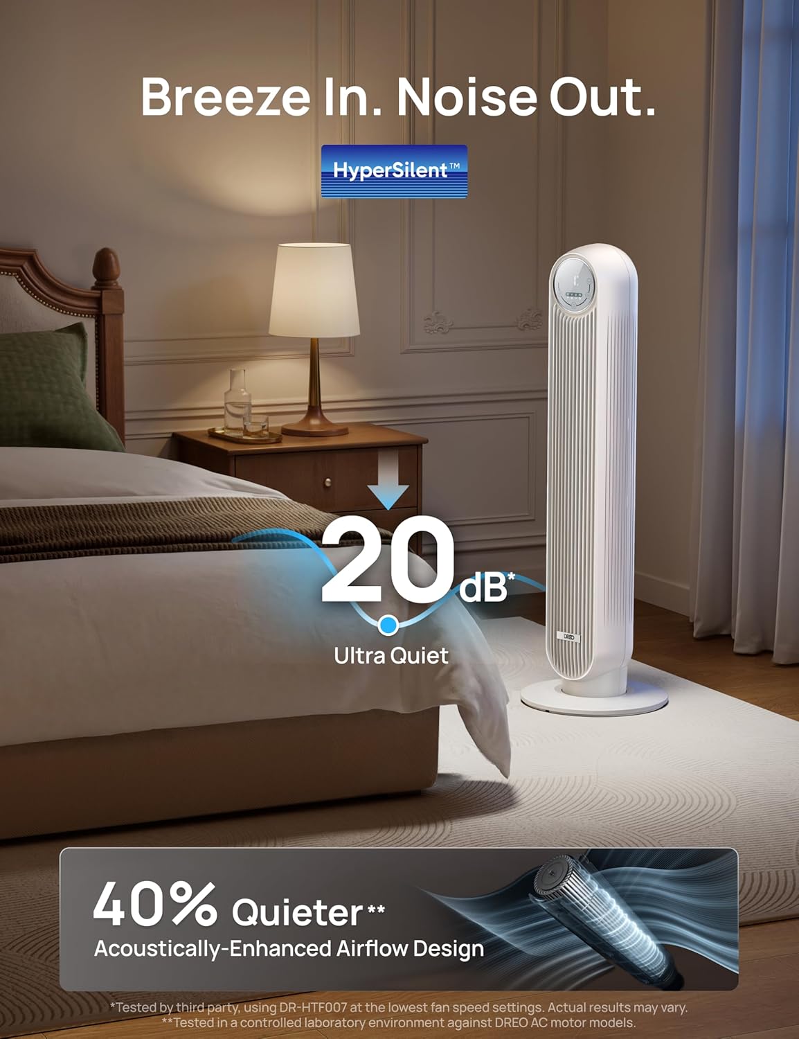 DREO Tower Fan for Bedroom, 2026 Upgraded DC Motor, 28ft/s High Velocity, 20dB Ultra Quiet Standing Fan, 8 Speeds 4 Modes, 90° Oscillating Bladeless Fan for Indoors, Floor Fans with Remote