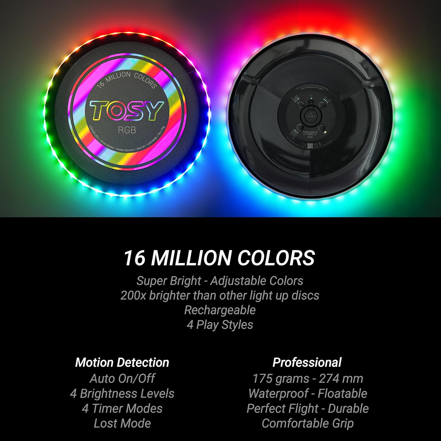TOSY Flying Disc - 108 RGB Multicolor or 36 Monocolor LEDs, Super Bright, Smart Modes, Easter Basket Stuffers Gift, Camping Toy for Kid/Teen/Adult, Auto Light Up, Rechargeable, Waterproof, 175g