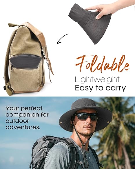 Sun Hats for Men Fishing Hat UPF Protection Wide Brim Bucket Hat | Breathable, Quick-Dry, Water Rapellent, Soft Sweatband, Foldable, Outdoor, Hiking, Beach, Safari, Travel, Summer Hats