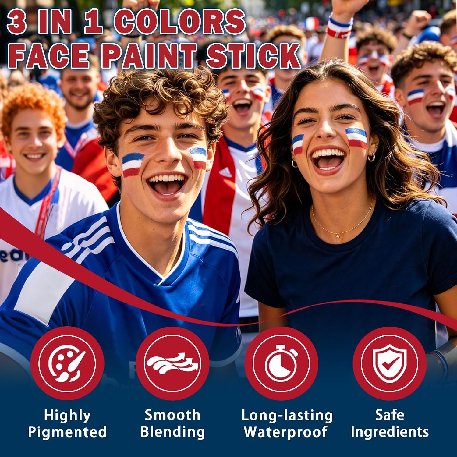 3 in 1 Colors Face Body Paint Sticks for Soccer,Football,Softball,Baseball,High Pigment & Waterproof Eye Black Stick Makeup