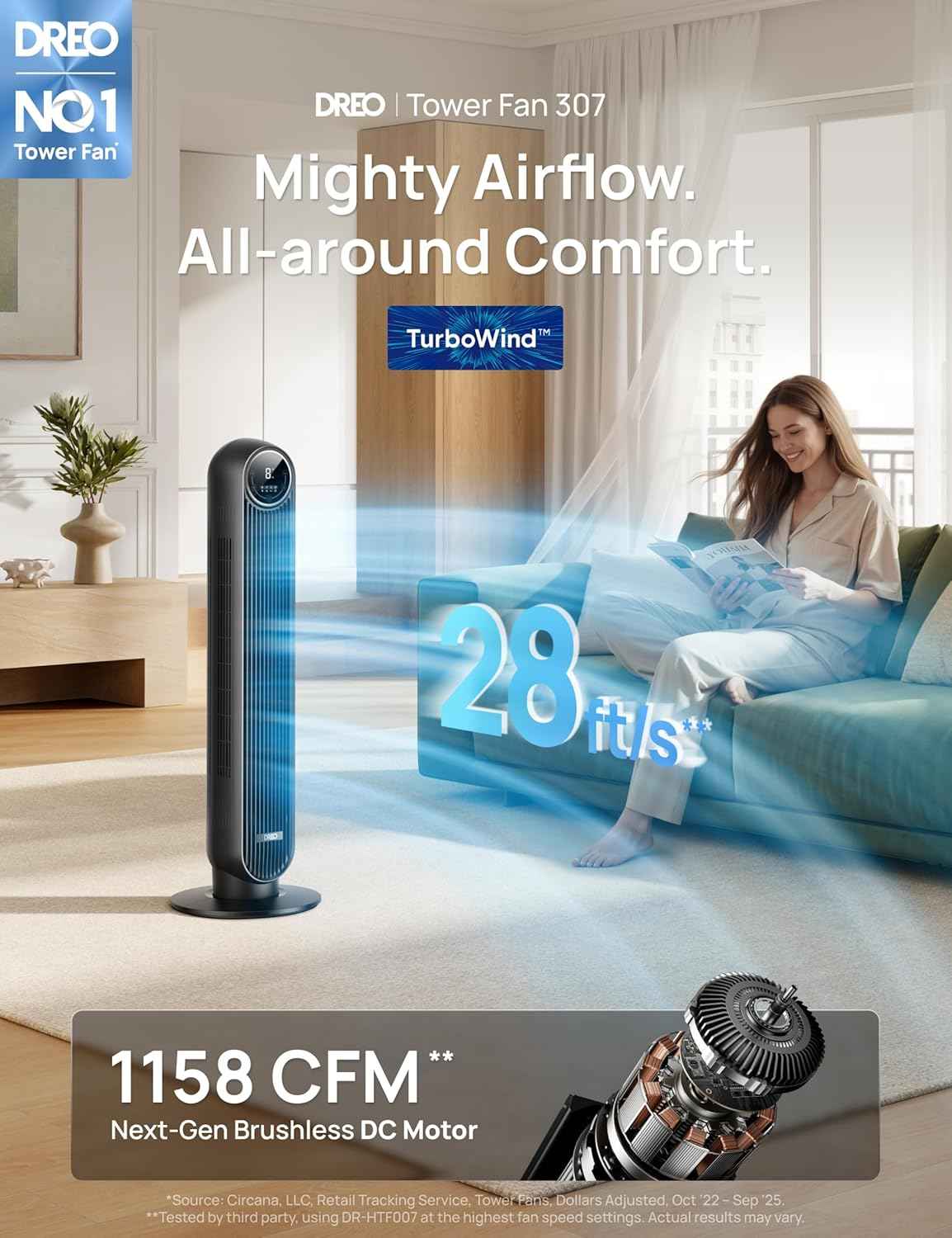 DREO Tower Fan for Bedroom, 2026 Upgraded DC Motor, 28ft/s High Velocity, 20dB Ultra Quiet Standing Fan, 8 Speeds 4 Modes, 90° Oscillating Bladeless Fan for Indoors, Floor Fans with Remote