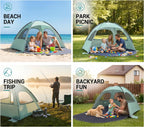 WhiteFang Beach Tent Anti-UV Portable Sun Shade Shelter for 3 Person, Extendable Floor with 3 Ventilating Mesh Windows Plus Carrying Bag, Stakes and Guy Lines