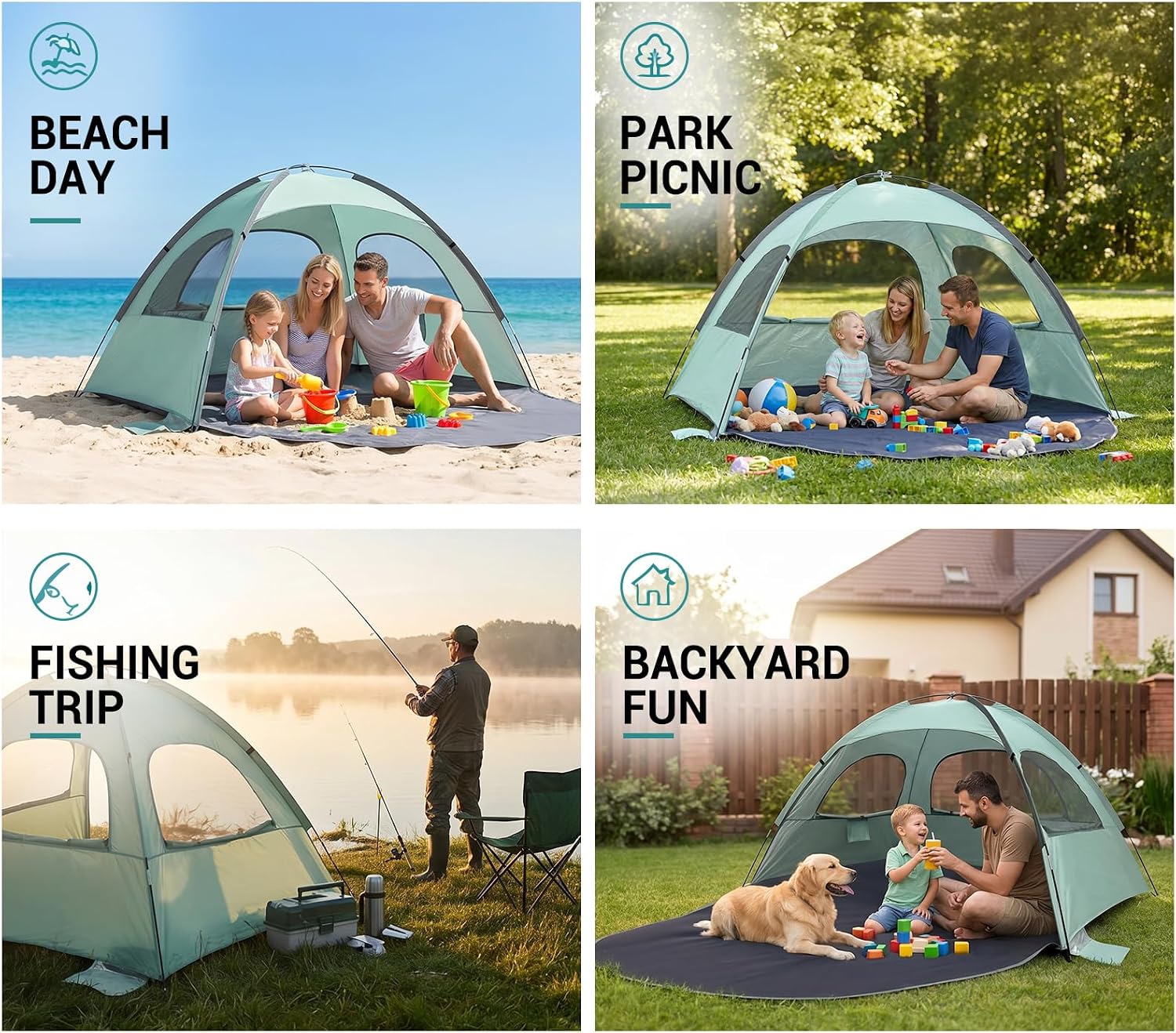WhiteFang Beach Tent Anti-UV Portable Sun Shade Shelter for 3 Person, Extendable Floor with 3 Ventilating Mesh Windows Plus Carrying Bag, Stakes and Guy Lines