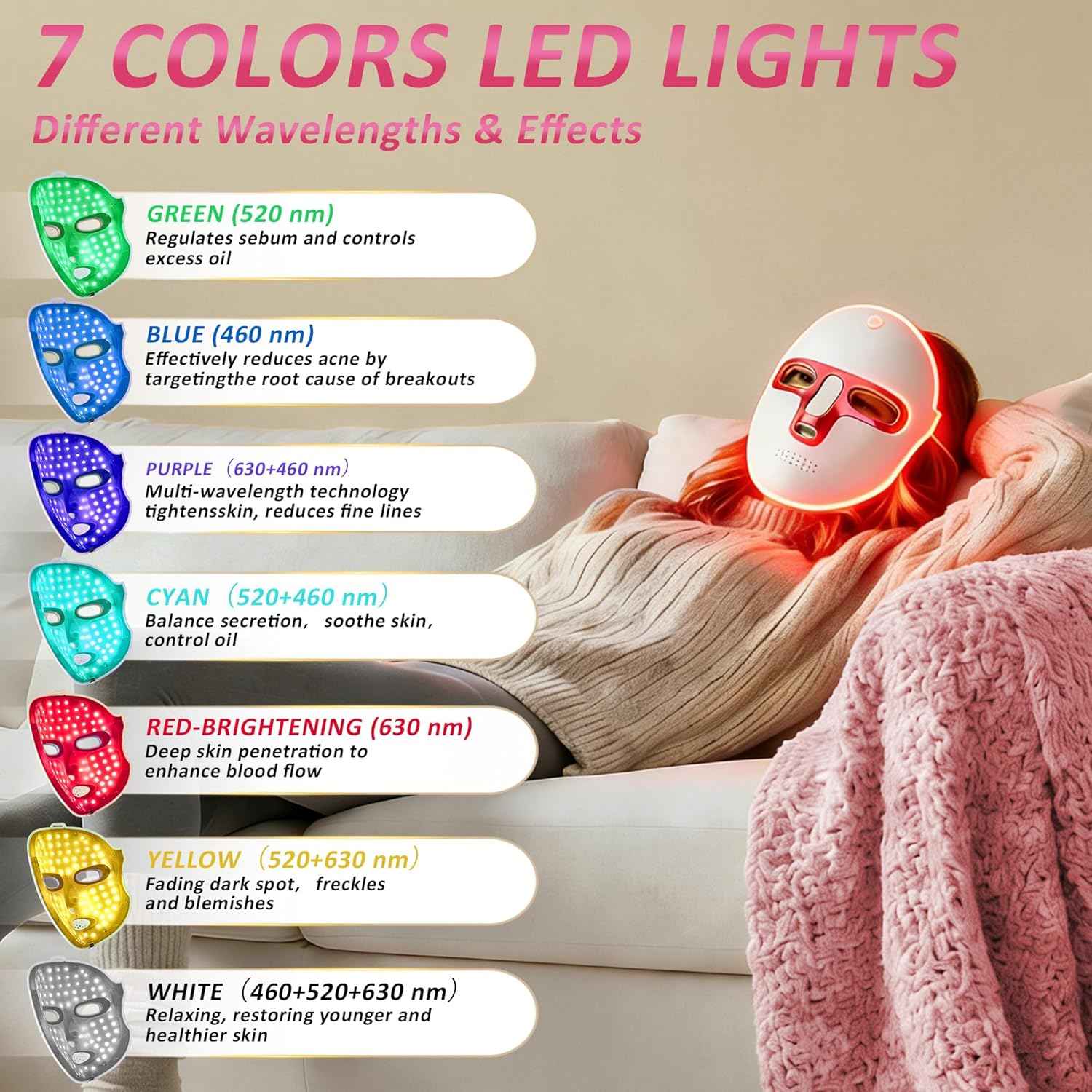 7 Colors Red Light Mask for Face, Fine Lines, 7-1 Colors LED Facial Skin Care Mask, Portable and Rechargeable