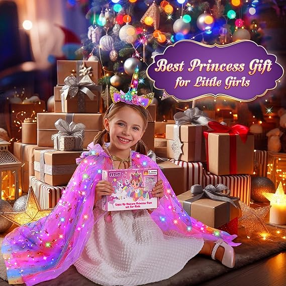 Fedio Princess Dress up for Girls,Unicorn Light up Princess Cape Set,Light up Princess Dress with Unicorn Toys for Girls 3-8