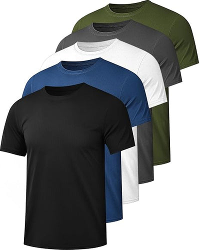 Kinglaman 1/5 Pack Men's Workout Gym Shirts Dry Fit Short Sleeve T-Shirts | Quick Dry Fabric, Breathable Mesh, Moisture Wicking, Athletic Regular Fit, for Training, Running, All Sports Activities