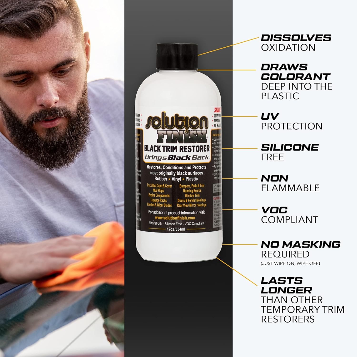 Solution Finish - Black Plastic & Vinyl Trim Restorer - Use for Car and Truck Detailing, No Wet Look, Instantly Revives Color to Trim, Bumpers, Mud Flaps, Etc., Black