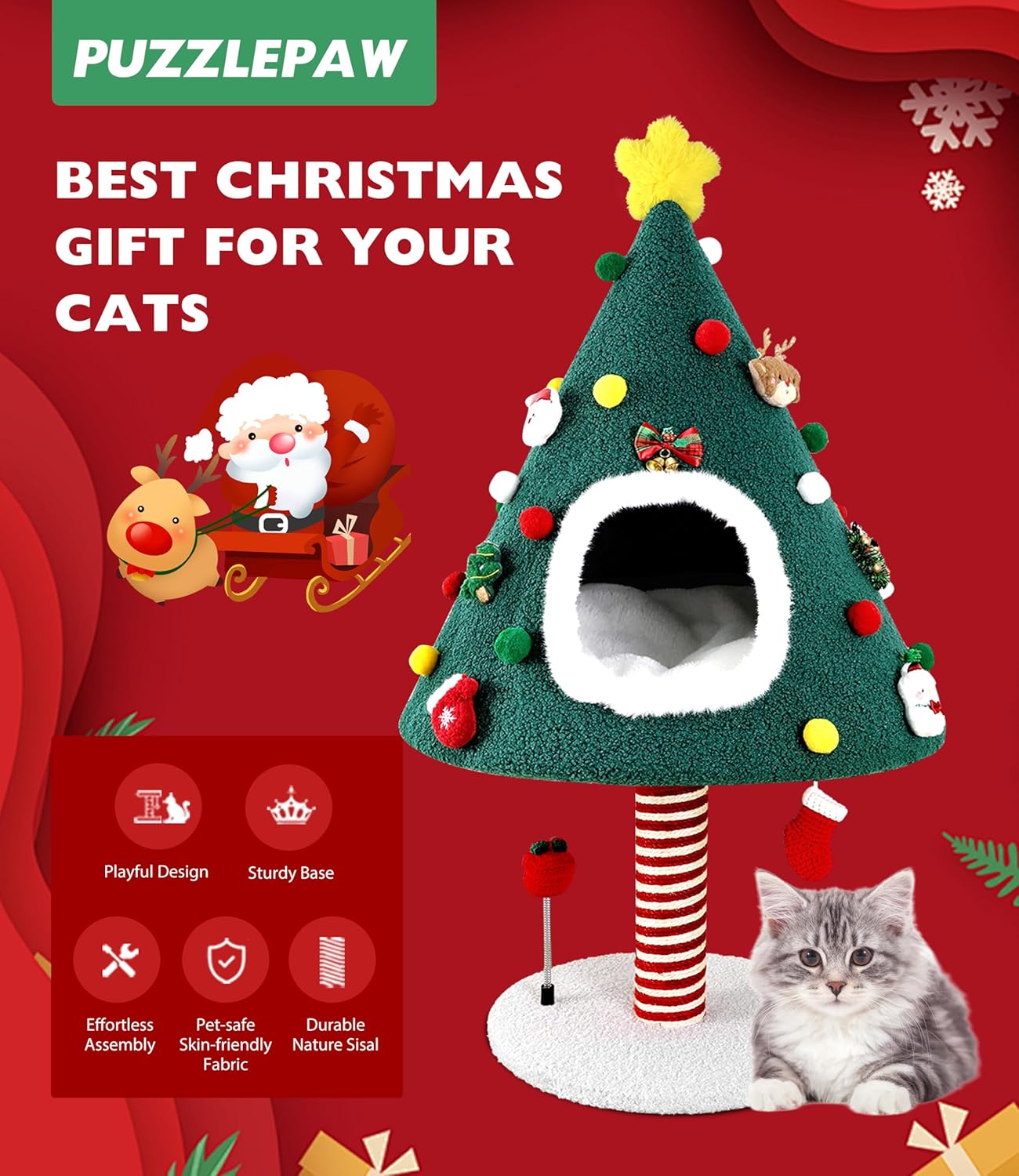 Cat Christmas Tree Tower with Scratching Post & Toys