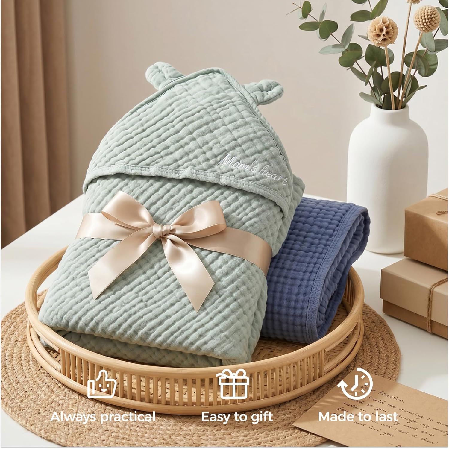 Momcozy Baby Towels, 6-Layer 100% Cotton Muslin Hooded Baby Towel Set for Newborn, Infant & Toddler, Soft Absorbent Baby Bath Essentials, Large 32 x 32 Inch