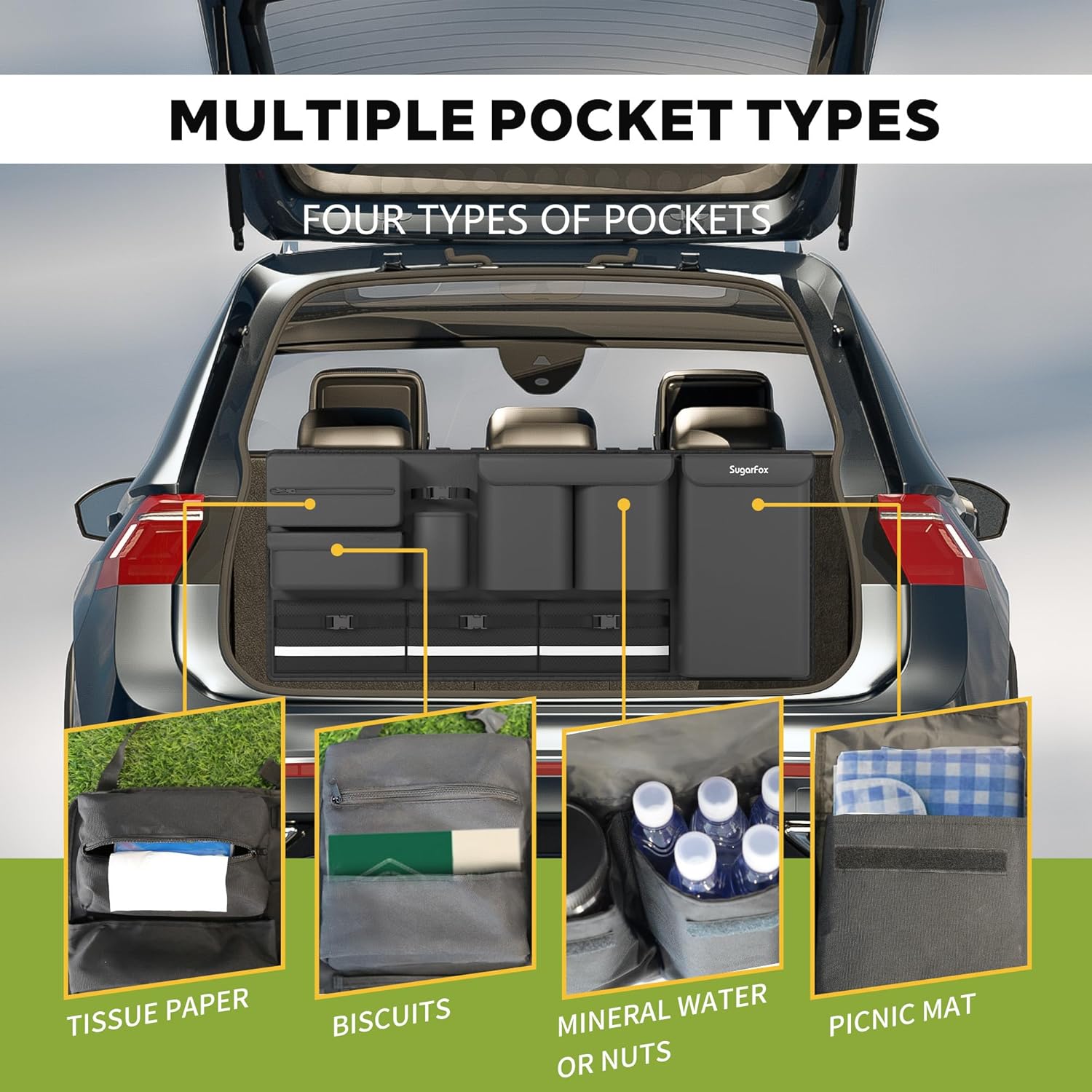 SugarFox Backseat Hanging Trunk Organizer for SUVs, Cars, Trucks & MPVs | Multi-Pocket Storage with Anti-Slip Straps | Space-Saving Auto Accessory | Gift for Drivers | 37.8" x 18.1"