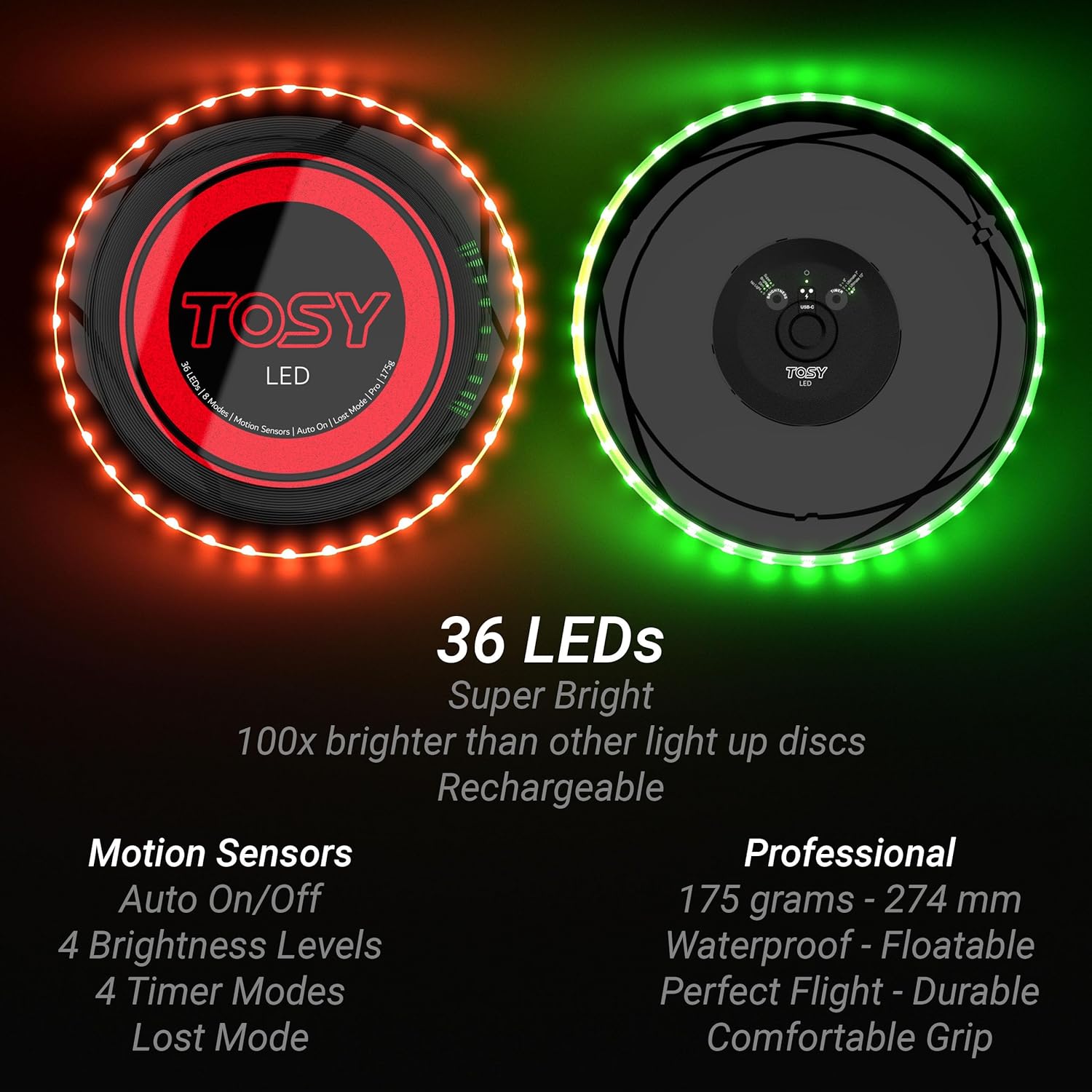 TOSY Flying Disc - 108 RGB Multicolor or 36 Monocolor LEDs, Super Bright, Smart Modes, Easter Basket Stuffers Gift, Camping Toy for Kid/Teen/Adult, Auto Light Up, Rechargeable, Waterproof, 175g