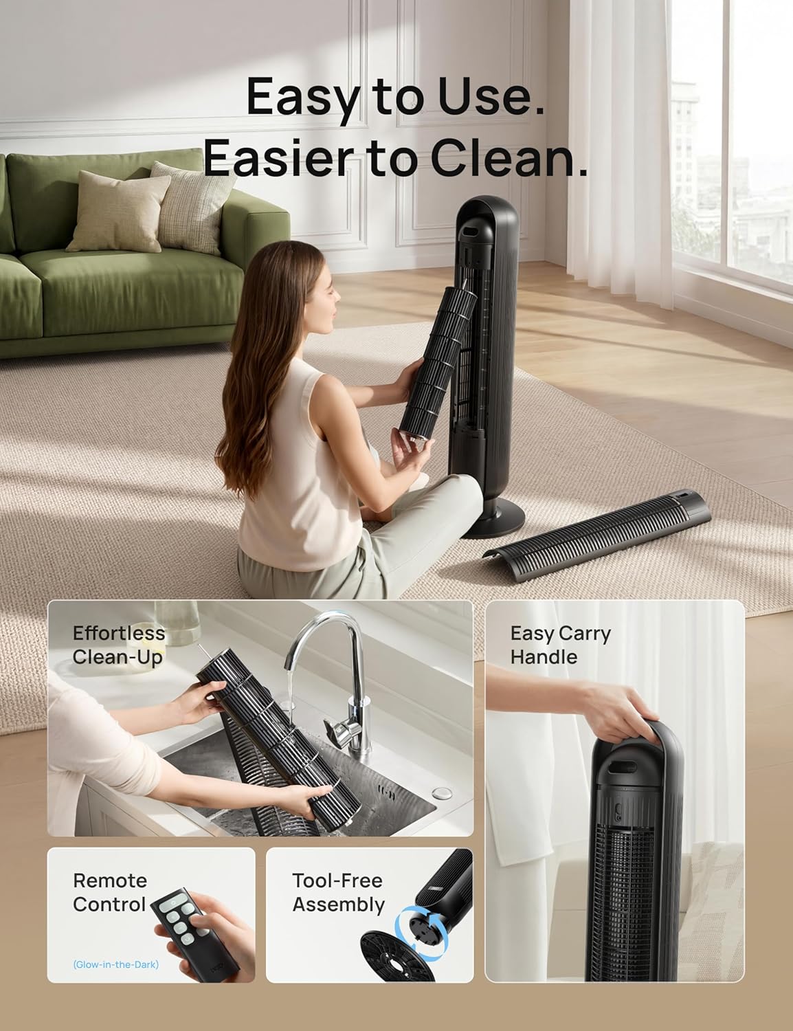 DREO Tower Fan for Bedroom, 2026 Upgraded DC Motor, 28ft/s High Velocity, 20dB Ultra Quiet Standing Fan, 8 Speeds 4 Modes, 90° Oscillating Bladeless Fan for Indoors, Floor Fans with Remote