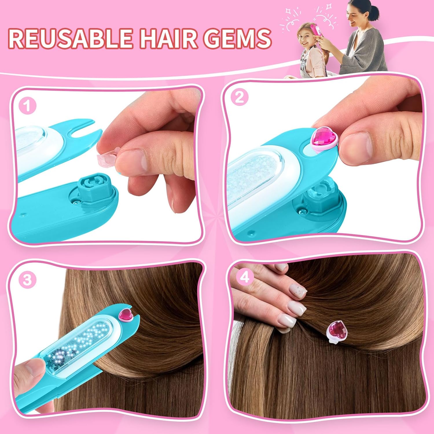 kidzkube Hair Gem Stamper Kit, Bling Hair Jewels for Girls Toys, Hair Styling Tool with Reusable Shining Diamonds, Birthday Gifts Toys for Girls Ages 3 4 5 6 8-12