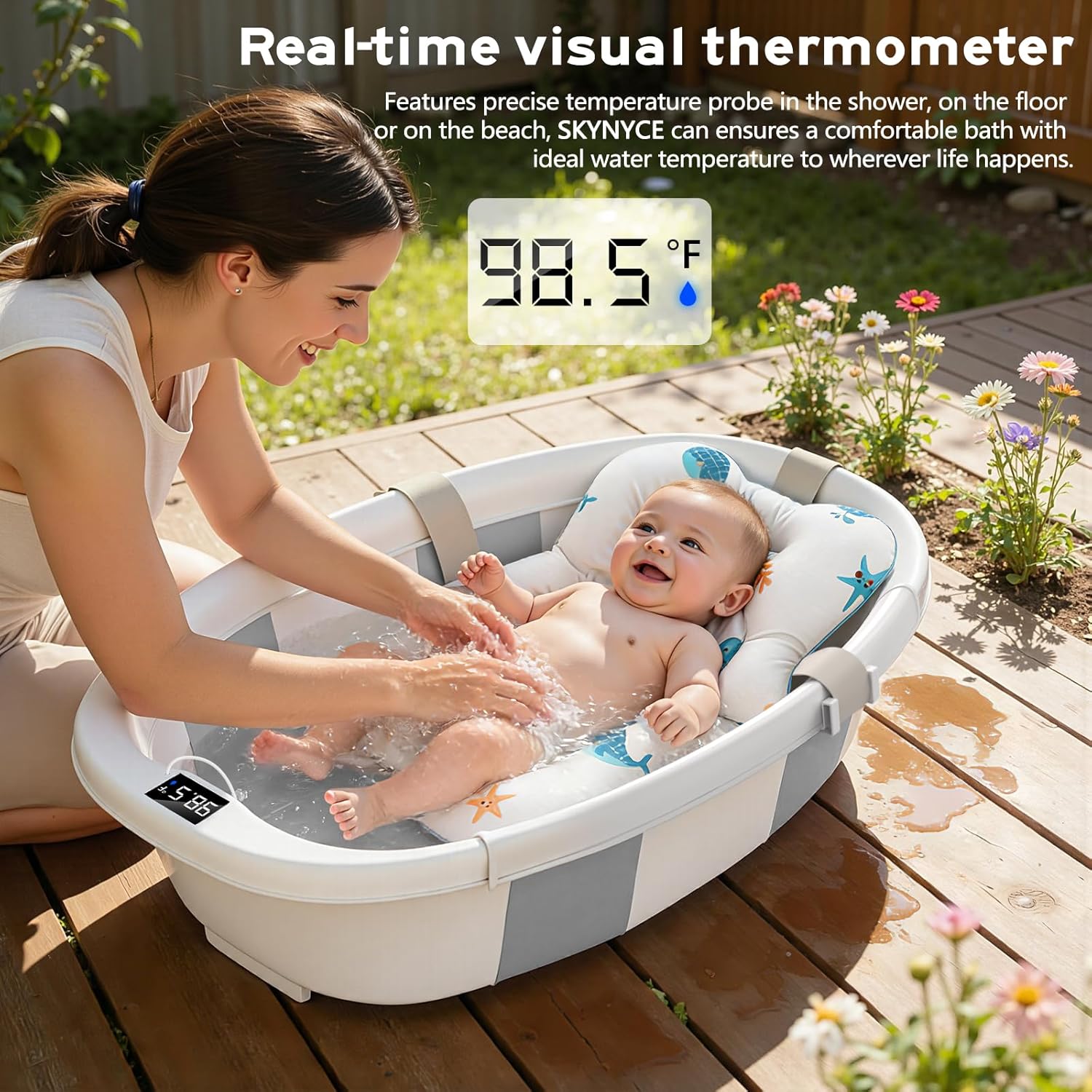 Collapsible Baby Bathtub for Newborn to Toddler 0-36 Months, Large Baby Bath Tub with Thermometer & Cushion, Easy Setup Foldable Travel Infant Bathtub, Newborn Babies Boy Girls Bath Tubs