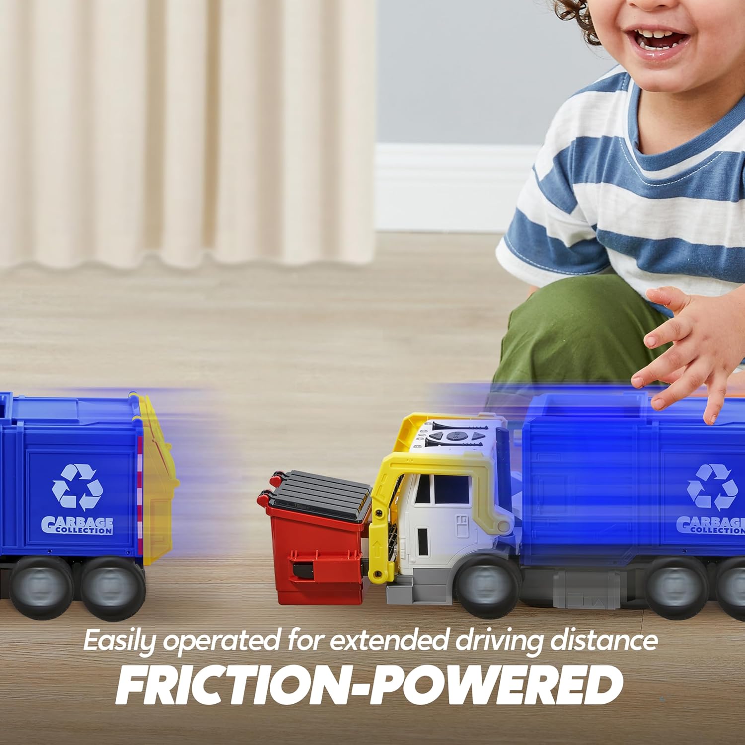 JOYIN Large Friction Powered Garbage Truck Toy Set, Includes Dumpster, Trash Bins, and Learning Cards for Kids