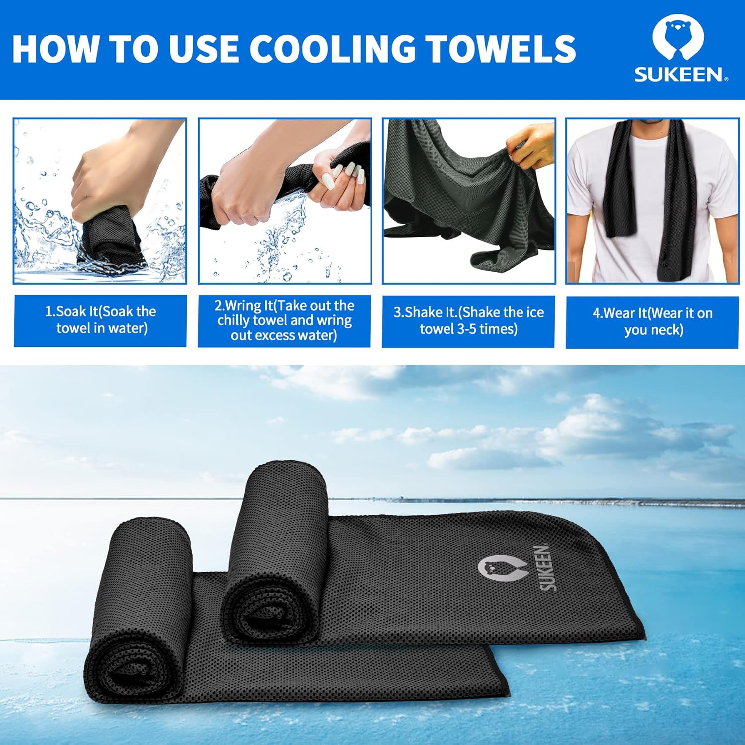 Sukeen Cooling Towels for Neck and Face, 4 Pack Cooling Towels for hot Weather (40"x12"), Cooling Rags for Yoga, Sport, Running, Workout,Gym, Camping, Fitness, Workout & More