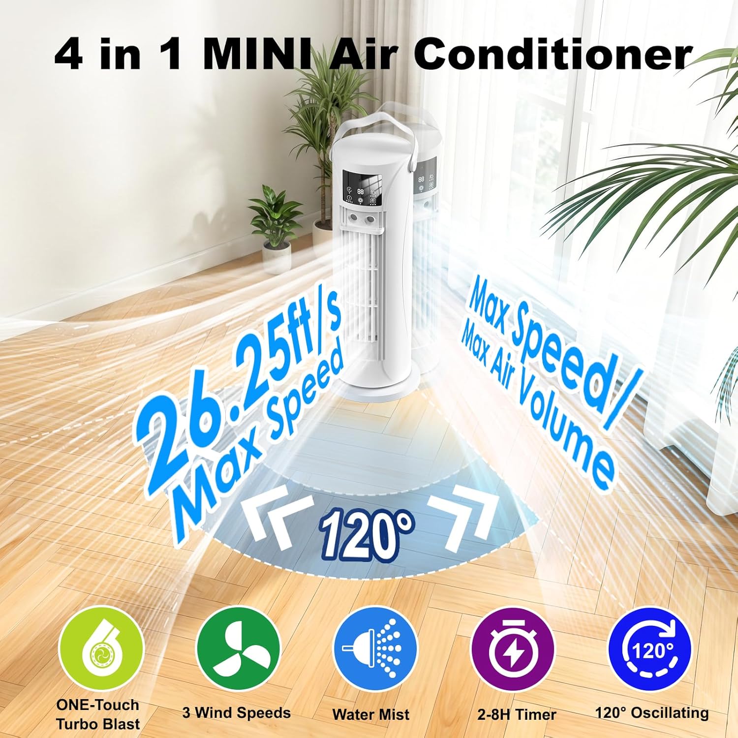 Portable Air Conditioners, 120 °rotating tower fan, portable AC for 3 wind speeds,Storm mode, 8H timing, Evaporative Air Cooler with remote control,750ML water tank, spray,cooling fan for home - white